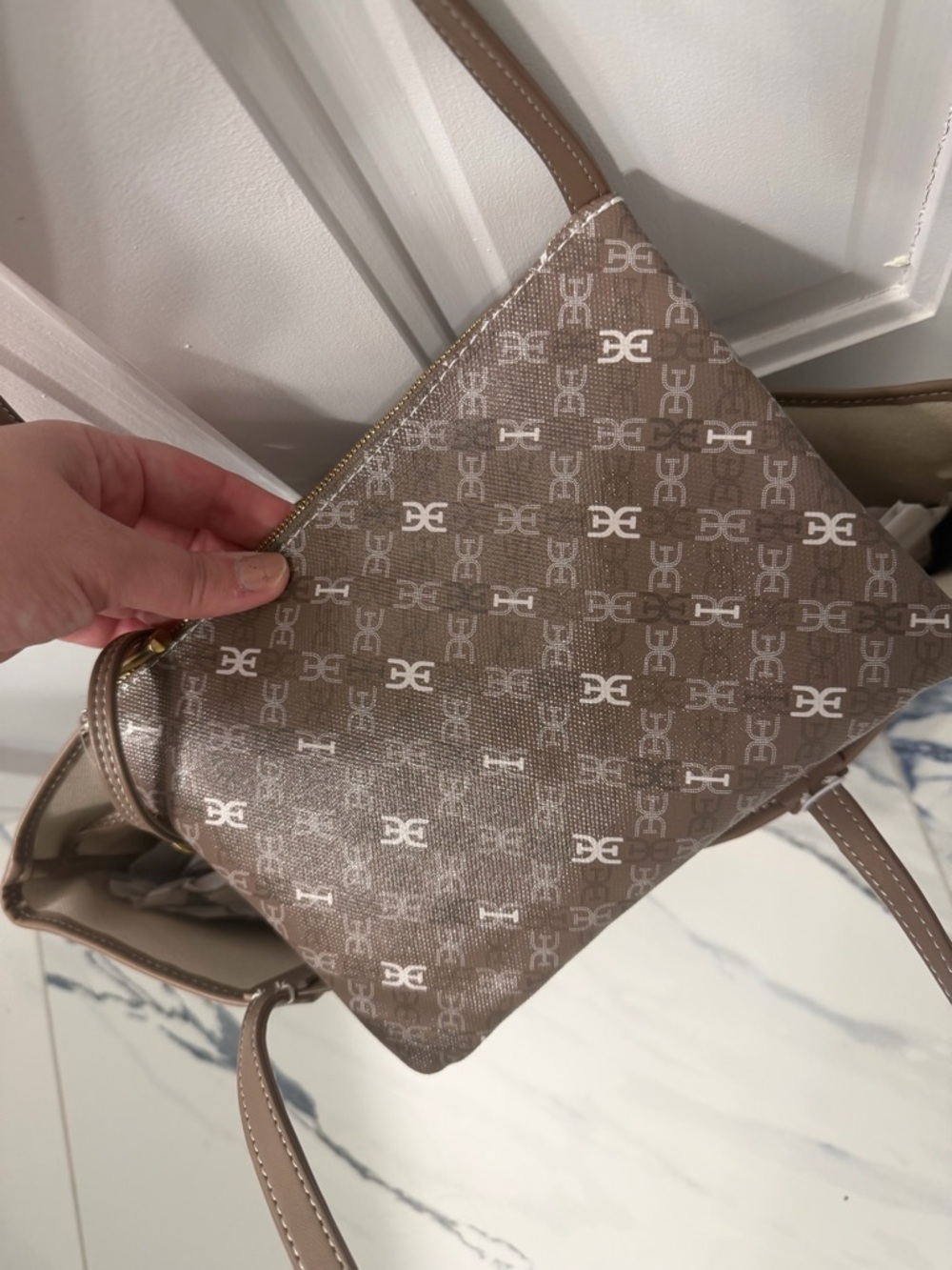 Sam Edelman Brown Harper Medium Monogram Tote with mini bag - Picture 3 of 5
